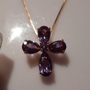 14K Yellow Gold Over Sterling Silver Amethyst Cross & Chain February Birthstone